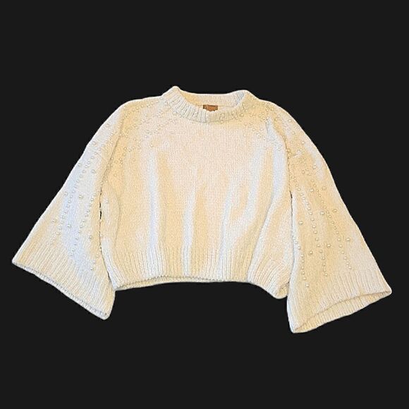 NWOT POL Chunky Chenille Semi Crop Ivory Off White Sweater with Pearls M - Picture 1 of 16